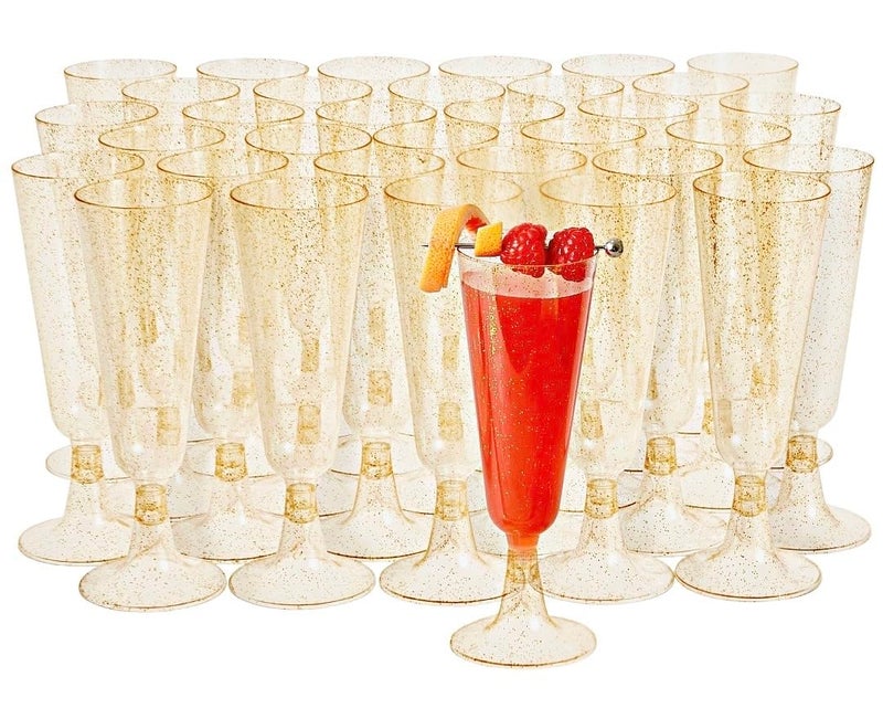 MATANA 50 Premium Plastic Champagne Flutes, Gold Glitter, 5oz - Reusable Cocktail Glasses for Mimosa, Dessert, Wine - Toasting Glasses for Parties, Weddings - Image 1